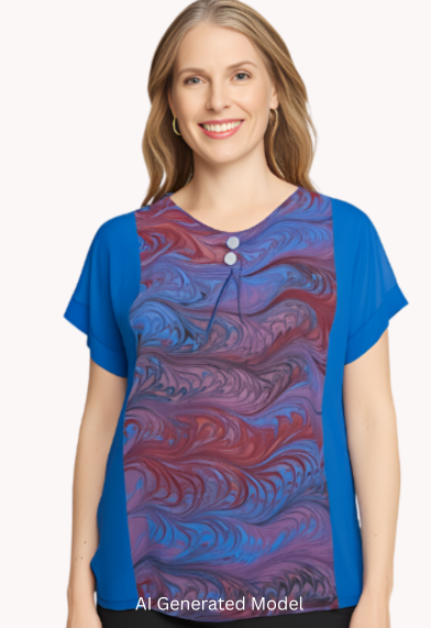 Woman wearing a silk top in dyed skyblue with a pink and blue marbled center inset.  AI Generated Model.