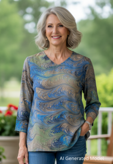Woman wearing a marbled silk tunic outdoors with blurred greenery in the background.  AI generated model