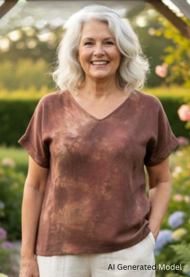 Woman wearing a hand dyed brown shirt standing outdoors with greenery in the background - AI generated model