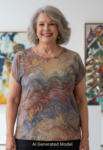 woman wearing a gold, red and gray marbled silk top in an art gallery setting.  AI generated model.