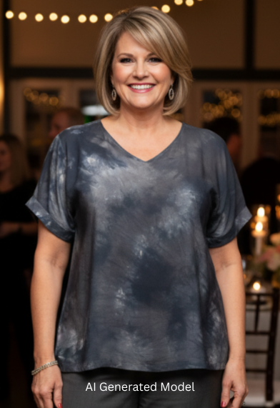 Woman wearing a gray hand-dyed silk shirt and gray pants at a party.  AI generated model