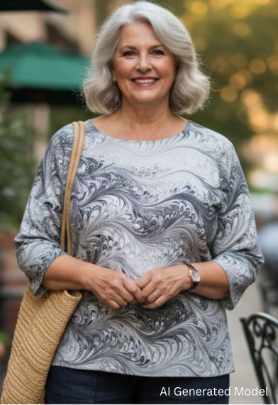 Woman wearing a marbled silk black and white top with a blurred outdoor background