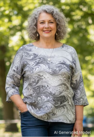 Woman wearing a black and white half sleeve silk shirt outdoors with greenery in the background