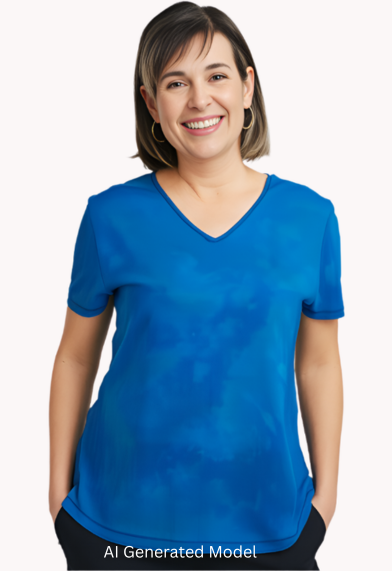 Woman wearing a blue  hand dyed silk shirt  with v neck against a white background.  AI generated model