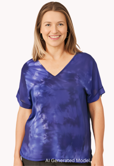 Woman wearing a silk dyed indigo/blue color tie-dye shirt with intricate design down right side.  AI generated model.