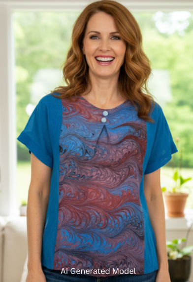 Woman wearing a blue and red dyed and marbled silk top in a living room setting.  AI Generated Model