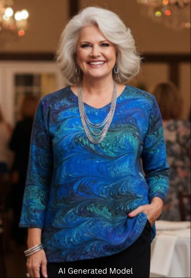Woman wearing a blue marbled silk tunic in a wedding reception setting - AI generated model