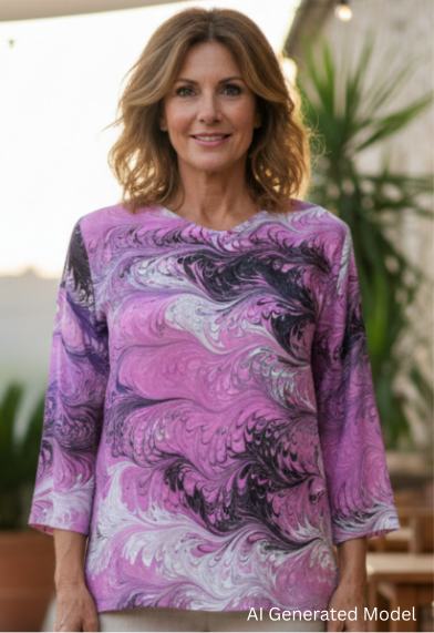 Woman wearing a marbled silk pink patterned top standing in an outdoor setting with tables and chairs. AI generated model