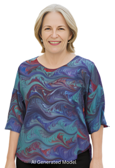 Woman wearing a colorful marbled silk blouse and black pants against a white background.  AI generated model.