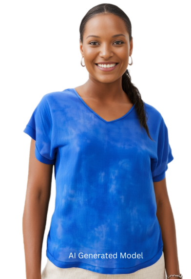 Woman wearing a silk blue tie-dye shirt on a white background with AI generated model
