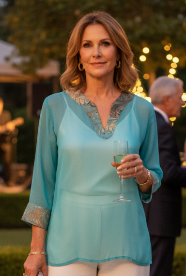 Woman in a sheer aqua top and white pants holding a glass outdoors with people and greenery in the background.