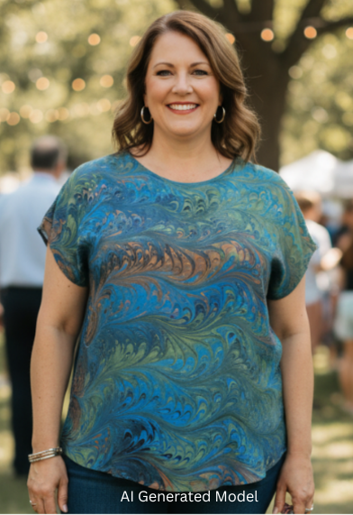 woman wearing a hand marbled silk top in blue, gray, peach and celery colors.  AI generated model