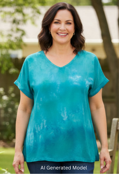 woman wearing a hand dyed silk t standing in a park setting  AI generated model