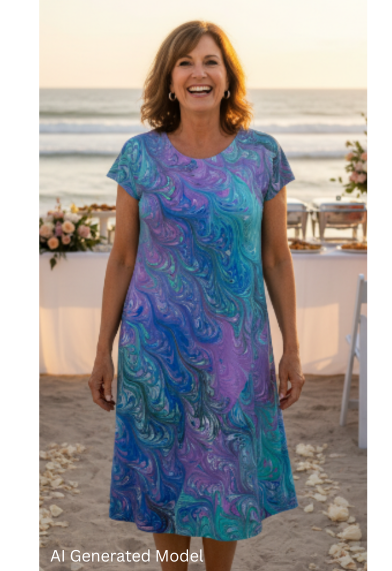 Woman in a soft jewels marbled silk bias cut dress standing on a beach with a wedding setup in the background.  AI generated models