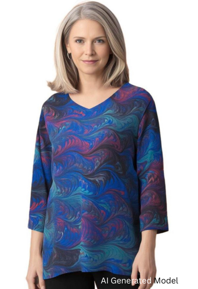 woman wearing marbled silk tunic in colors of blue, black, red and green - AI generated model