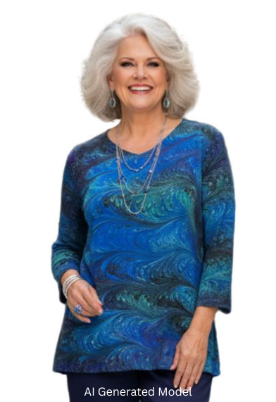 Woman wearing a blue and green  hand marbled silk tunic 