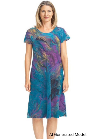 woman wearing marbled silk dress in turquoise, magenta and yellow.  AI Generated model.
