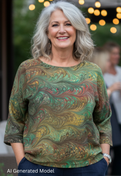 Woman wearing a marbled silk  top in warm green and golden tones standing outdoors.  AI generated model.