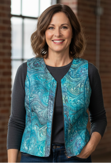 Woman wearing a teal and brown marbled leather vest in an indoor setting with brick walls and large windows.