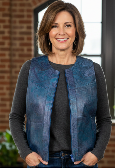Woman wearing a blue and gray marbled leather vest over a black shirt with a brick wall and window in the background
