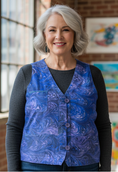 Woman wearing a navy and lilac marbled leather vest indoors with large windows and colorful artwork in the background.