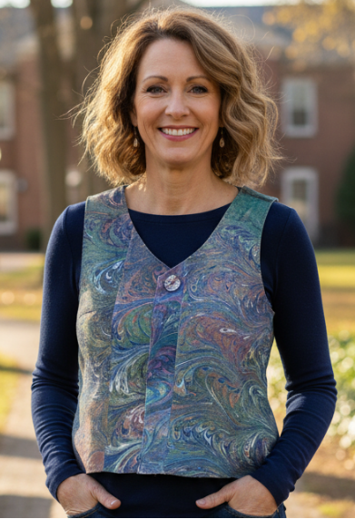 Woman wearing a marbled leather vest and blue jeans standing outdoors on a path.
