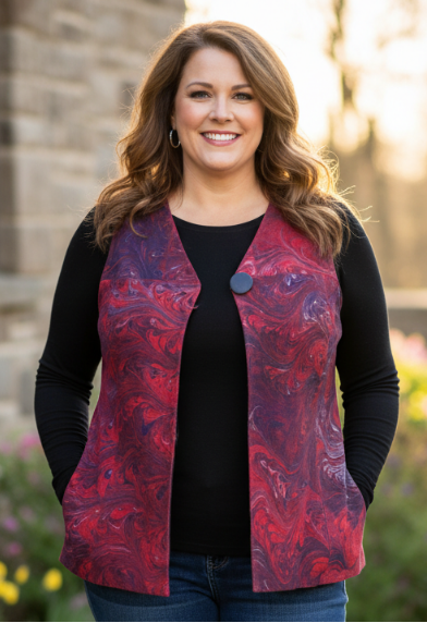 Woman wearing a red marbled suede leather vest over a black top and blue jeans, standing outdoors. 