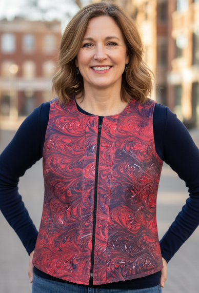 Woman wearing a red and navy marbled leather vest with a blurred background