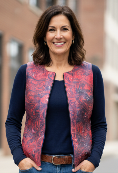 Woman wearing a marbled leather vest in red and navy with blue jeans, and white sneakers on a city street.