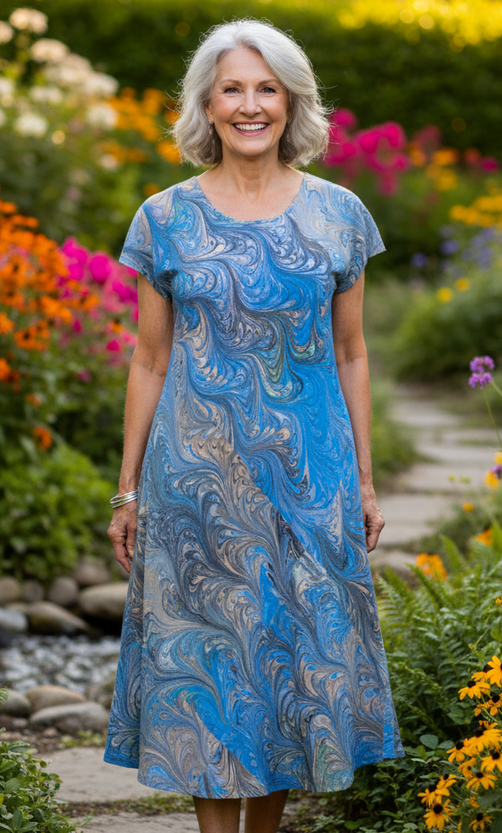 Woman in a marbled silk bias cut dress standing in a garden with flowers and a stream.