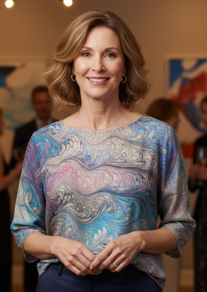 Woman in a marbled silk top and blue pants with  artwork in the background.