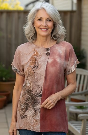 Woman wearing a marbled silk and hand dyed top outdoors