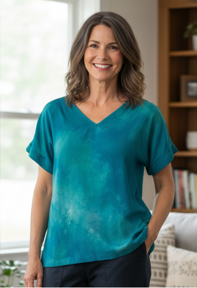 Woman wearing a hand dyed silk teal shirt and dark pants standing in a living room.