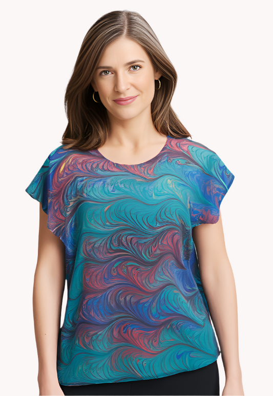 Woman wearing a colorful marbled silk top on a white background