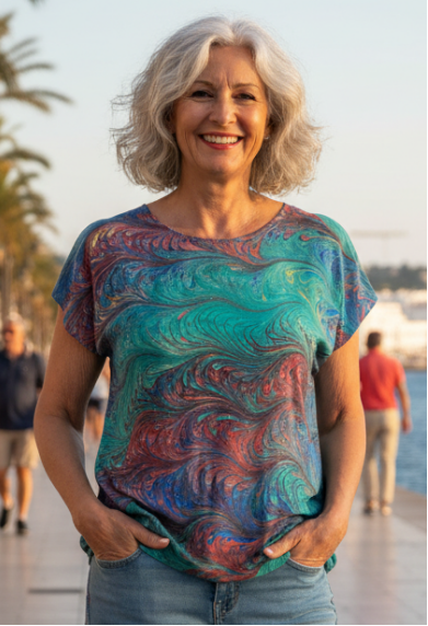 Woman standing outdoors wearing a colorful short sleeve marbled silk top and light blue jeans.