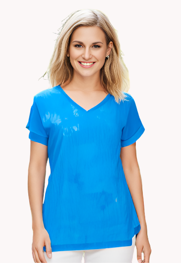 Woman in a blue dyed silk top against a white background