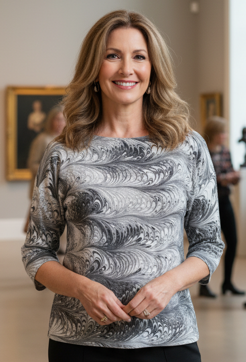 Woman wearing a black and white marbled silk top standing in an art gallery with sculptures and paintings in the background