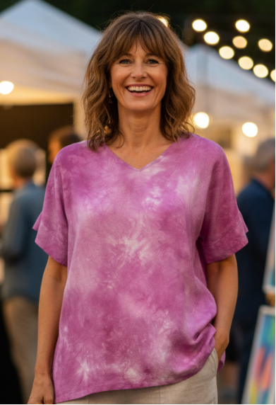 woman wearing a hand dyed rosy mauve silk t with casual pants at an outdoor event