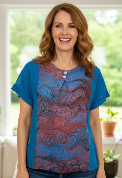 Woman wearing a blue and red dyed and marbled silk top in a living room setting