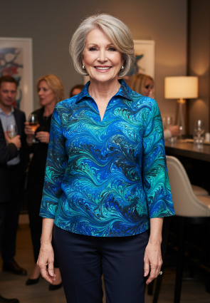 Woman in an ocean blues marbled silk top standing in a social setting with people and tables in the background.