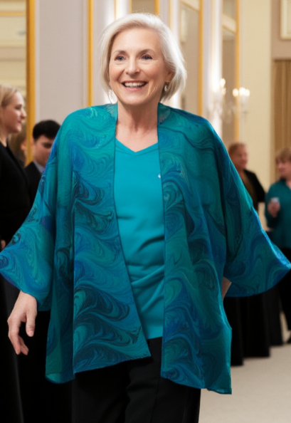 Woman in teal hand marbled silk jacket wrap and black pants walking in a formal setting
