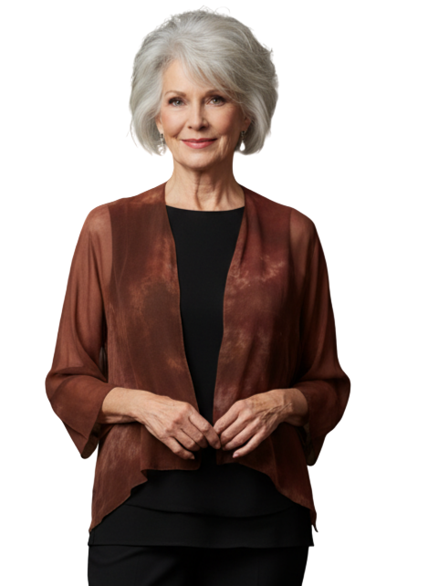 Woman standing wearing a hand dyed silk chiffon sheer jacket