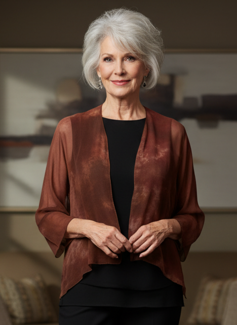 Woman wearing a hand dyed silk chiffon jacket over black pants standing in a stylish room 