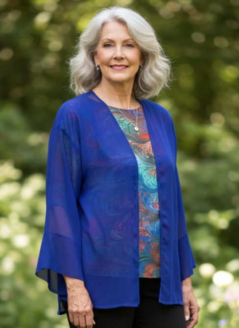 Woman wearing a blue jacket and black pants standing in a garden.