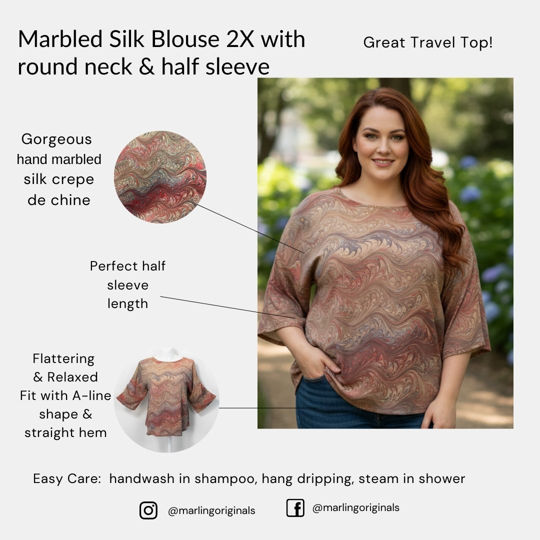 Marbled Silk Blouse 1X Half Sleeve in Wheat