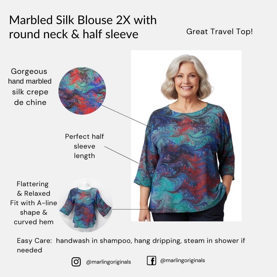 Marbled Silk Blouse 2X Half Sleeve in Purple Primary Colors