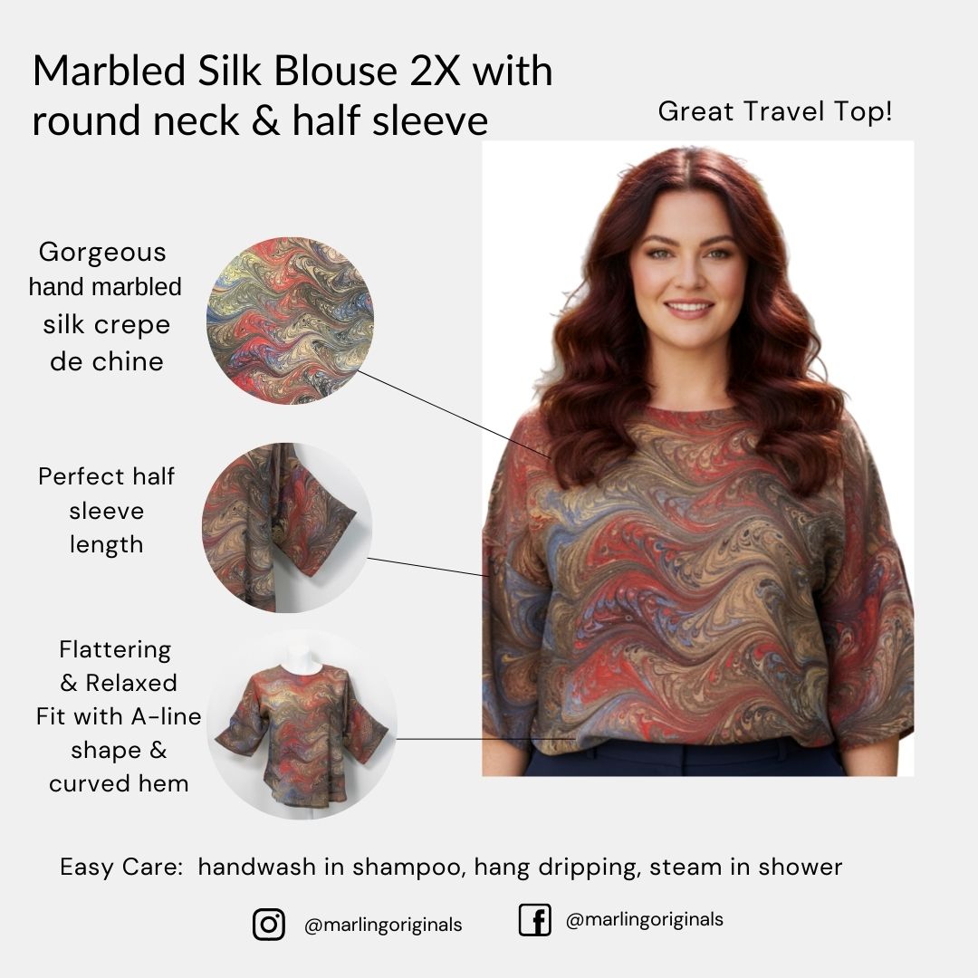 Marbled Silk Blouse 2X Half Sleeve Fall Sienna Colors