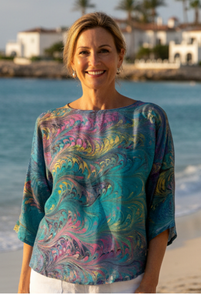 woman wearing a marbled silk top with round neck and half sleeves while standing on a beach