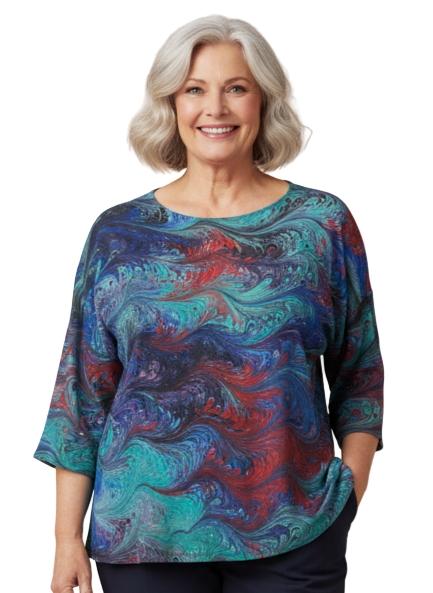 Woman wearing a colorful marbled silk top and dark pants against a white background