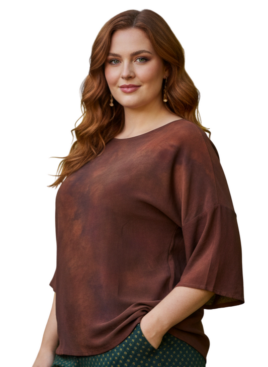 plus size woman wearing hand dyed brown silk top